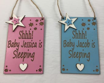 Shhh Baby Sleeping Personalised Front Door Baby Sign / Plaque Blue or Pink