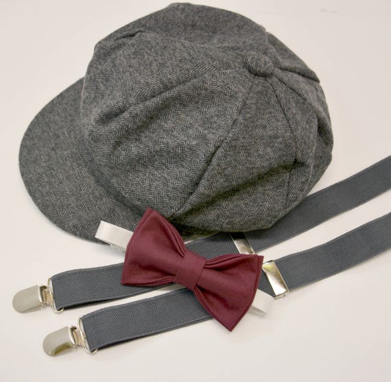 Bow Tie Suspenders Newsboy Cap Hat / Dark Wine Burgundy Bow