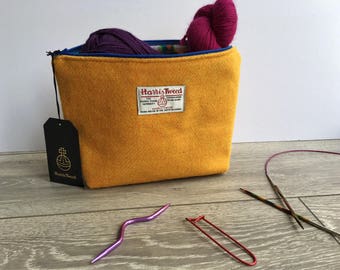 Harris Tweed bag Yellow, knitting project bag, wash bag, Scottish Bag, vanity bag, large make up bag, with garden gnome lining, cosmetic bag