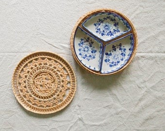 Vintage Wicker Container & Ceramic Dishes Set