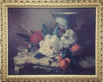 Large Vintage Vernon Ward Peonies and Porcelain Print on Canvas - Framed