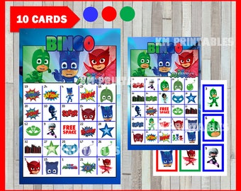 Pj masks Bingo Game - Printable - 10 different Cards - Party Game Printable - Half Page Size - INSTANT DOWNLOAD