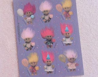 1992 Vintage Troll Doll Full Sticker Sheet 90s 1990s Pink Hair Russ Berrie & Co Stickers Party Birthday Decoration Trolls Balloons Gift