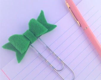 Cute grass green felt bow large paper clips, cute kawaii stationery accessories, planner and notebook clip, gift for organised journals,