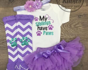 My siblings have paws baby girl outfit Pet lover baby shower gift Glitter Newborn girl onesie Cute dog mom baby gift Sisters Brothers Paws