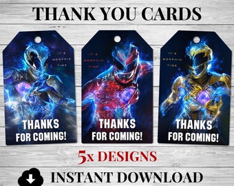 5x Power Rangers Thank You Cards, Power Rangers Party Favour Tags, Power Rangers Invitation, Power Rangers Birthday Party