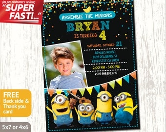 Minion Photo Invitation PRINTABLE, Minion Birthday Invitation, Minion Party Invitation, Boy Minions Invite, FREE Minion Thank You Card, v5