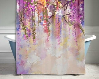 Watercolor Flower Home Decor Shower Curtain, Abstract Herbs Weeds Blossoms Ivy Back with Florets Shrubs Design, Fabric Bathroom Decor