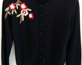 Vintage Womens Embroidered Cardigan Modern Size S Black With Floral Embroidery
