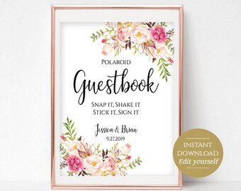 Polaroid Guestbook Sign Template Printable Guest Book Wedding Photo Guestbook Instant Download Editable PDF 4x6, 5x7, 8x10 Pastel Blooms DIY