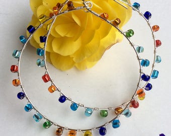 Silver Plated Rainbow Hoops, Multicolour Silver Plated Hoops, Large Silver Hoops, Wire Wrapped Silver Plated Hoops, Rainbow Earrings