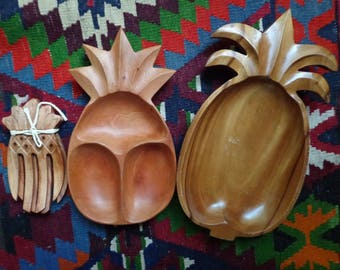 Pineapple Serving Set (3) Tray and Salad Tosser | Tropical Handcarved Wooden Platter Dish | Bohemian Decor Kitchenware