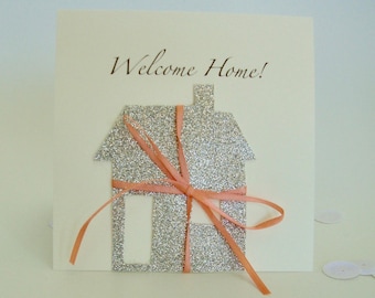 Silver welcome home card, New House Card, New Home Card, Housewarming Card, Simple new house card in silver, with ribbon