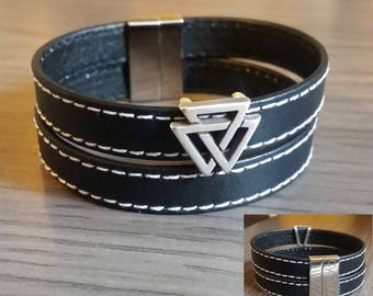 Silver plated triangle stitched black leather cuff