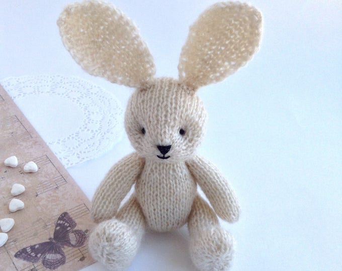 Newborn props, photo props, hand knitted bunny rabbit, 6 inch soft plush toy, stuffed animals, first birthday gift, softies, knit toy
