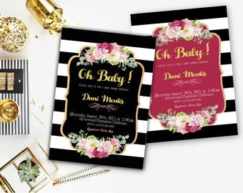 Kate spade Baby Shower Invitation, Black and White Striped Invitation, Black and Pink Invitations, Gold Glitter,