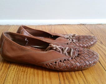 huaraches woven leather flats vintage huarache sandals, lace up flats summer flats 1980s brown woven leather womens 8
