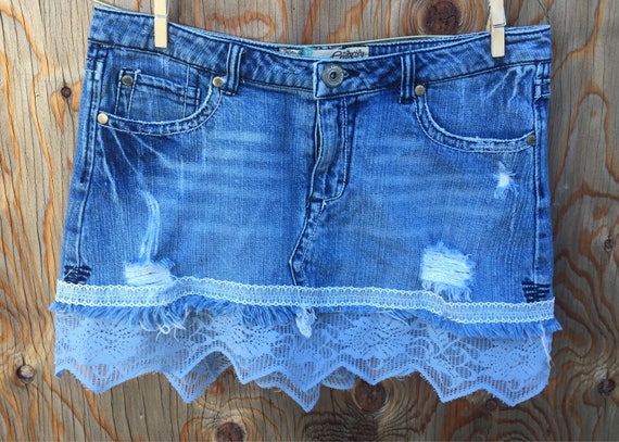 Distressed Upcycled Denim Skirt With Blue Vintage Lace Size 5