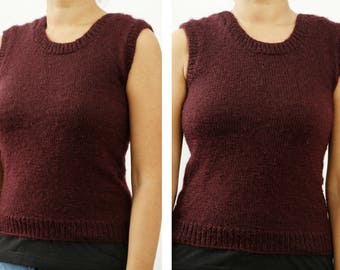 Hand knit woman brown vest, Handmade woman short blouse, Knitted woman brown tank top, Hand knit formal winter sweater, brown sweater vest