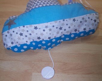 Cute customizable musical mobile made in the turquoise and grey cotton