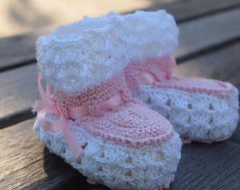 Items similar to Baby Girl Booties Crocheted White or Ivory Cotton Mary ...