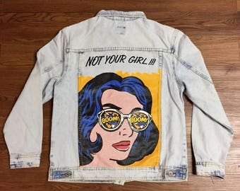 Pop Art Denim Jacket. Pop Art. Not Your Girl. Light Wash Denim Jacket. Small. Comic Book. Comic Jacket. Comic Artwork. Wearable art. denim