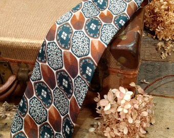 Vintage Re di Quadri Necktie by Peter - Milano in Rusty Browns and Forest Green / Unusual Pattern / Bold and Funky / Extra Long / Tall