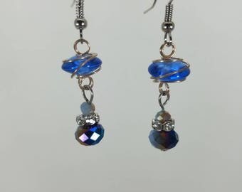 Blue and wire wrapped beads dangle earrings