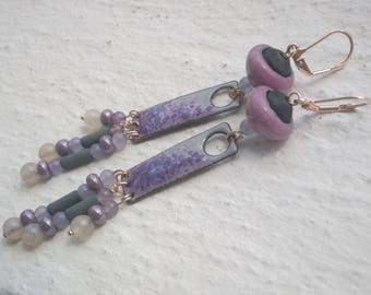 Earrings: Enamels on copper - gemstones - ceramic