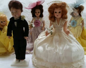 Duchess dolls wedding party: bride, groom, flower girl and two Bridesmaids in the original clothes