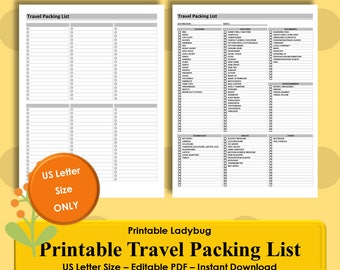 Printable Travel Packing List, Travel List, Travel Checklist,Traveler,Printable Travel List,Travel Journal,Printable List, Printable Journal