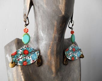 ethnic boho earrings turquoise/orange flowers