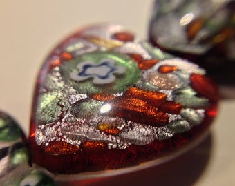 113 / set of 2 Brown MILLEFIORI LAMPWORK beads amber heart ~ 20 mm LAMPWORK glass silver foil