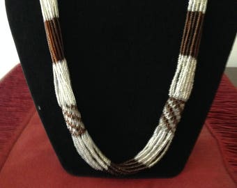 Multi strand brown and grey glass seed bead necklace