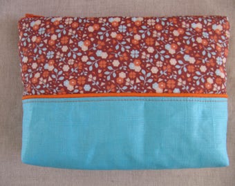 Wallet or pouch in linen and cotton blue and orange