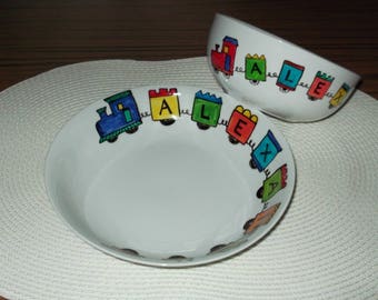 Entire plate & Bowl painted "train" personalized