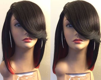 12" 1B/Red Bob Wig 100% Human Hair Wig Side Bang Wig Cheap Wig sexy Wig