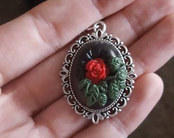 Fairy tale inspired rose pendant on an extra long silver chain (57cm) hand crafted from polymer clay. Cabouchon/cameo style necklace