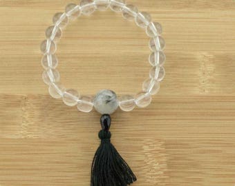 Quartz Crystal Mala Beads Bracelet with Tourmilated Quartz | 8mm | Yoga Jewelry | Meditation Bracelet | Buddhist Bracelet | Free Shipping