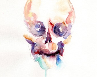 Memento Mori Skull Blue Watercolor Painting
