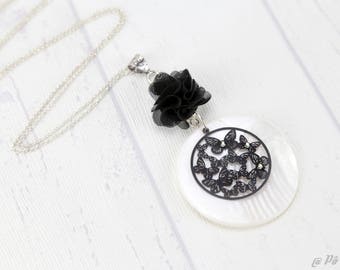 White flower black #1184 pendant long necklace