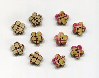 set of 10 flower wood buttons * 2 * 17 mm checkered pattern