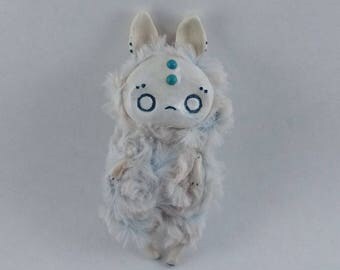 White fairy bunny rabbit cute kawaii fantasy anime monster blue faux fur fuzzy stuffed ooak geek doll magic home spirit chibi alien pet