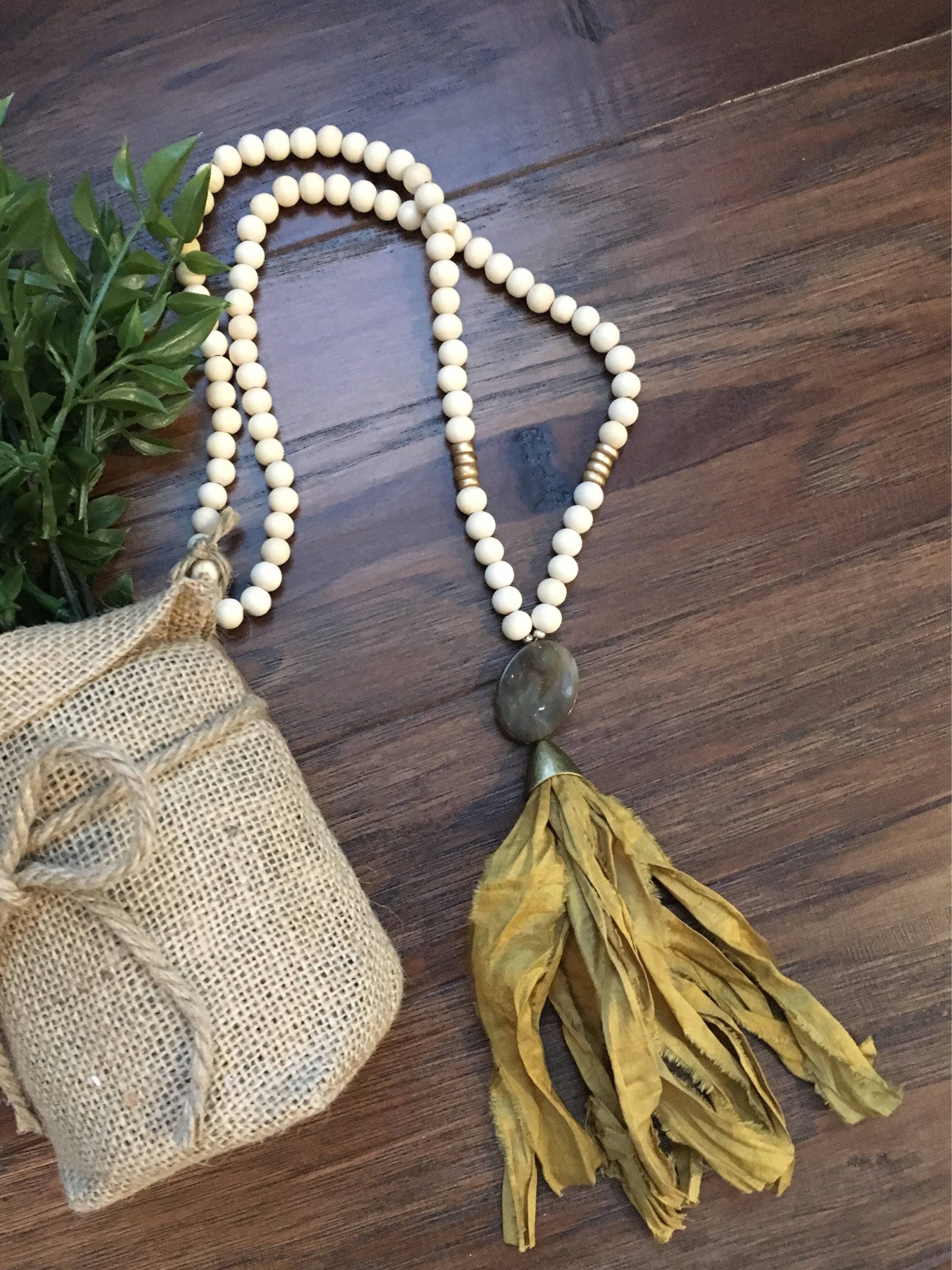 Mustard yellow fabric tassel necklace