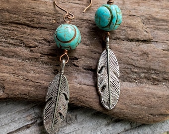 Carved Turquoise Colored Magnesite Stones and Feather Earrings || Zen | Earthy | Organic | Natural Stone Earrings | Earrings Under 20