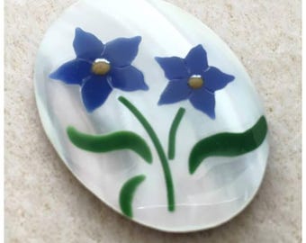 Vintage Mother of Pearl Doublet Cabochon, Hand painted, 40mm X 30mm, Flatback, Floral, Bead Embroidery