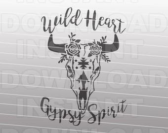 WILD HEART Gypsy Spirit Cow Skull SVG File,Boho svg file - cricut svg,silhouette svg,svg cut,cuttable svg,svg cut file,vector svg,tshirt svg