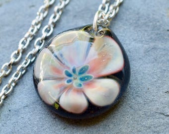 Glass Flower Pendant Necklace Boro Lampwork Jewelry - Healer