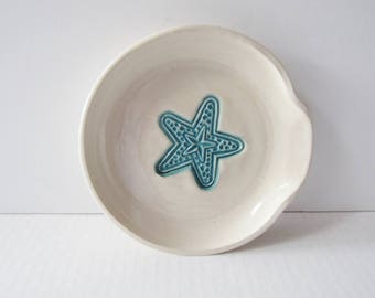 Coastal Spoon Rest with Star Fish, Ladle Rest, Glazed in Sea Isle Turquoise and creamy white