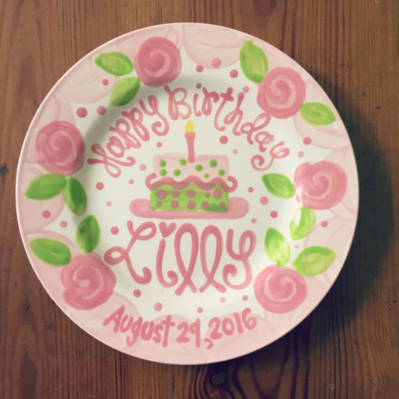 Birthday Plate // Flowers & Scallops Personalized First Birthday Plate Plate, Custom handpainted, Lilly inspired Il_570xn